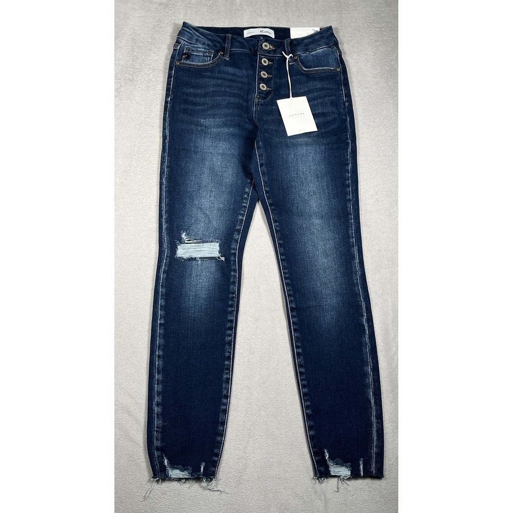 KanCan Curvy Skinny Jeans Women 5/26 Blue Distressed Exposed Button Fly *NWT